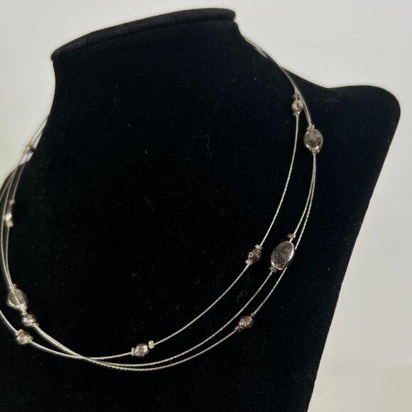 Vintage Y2K Silver Beaded Three Strand Necklace - Minimal Dainty Wire Choker - Picture 3 of 8
